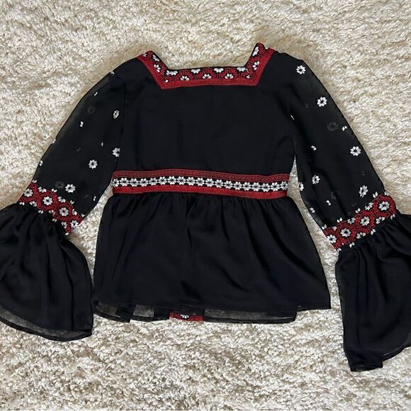 Topshop black embroidered style boho long sleeve top size US 2 - Picture 3 of 11